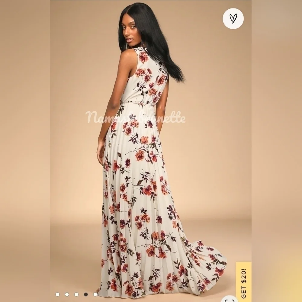 Nwt Lulu's Small Boho Ivory Multi Floral Print Pleated Wrap Maxi Dress - Picture 6 of 16